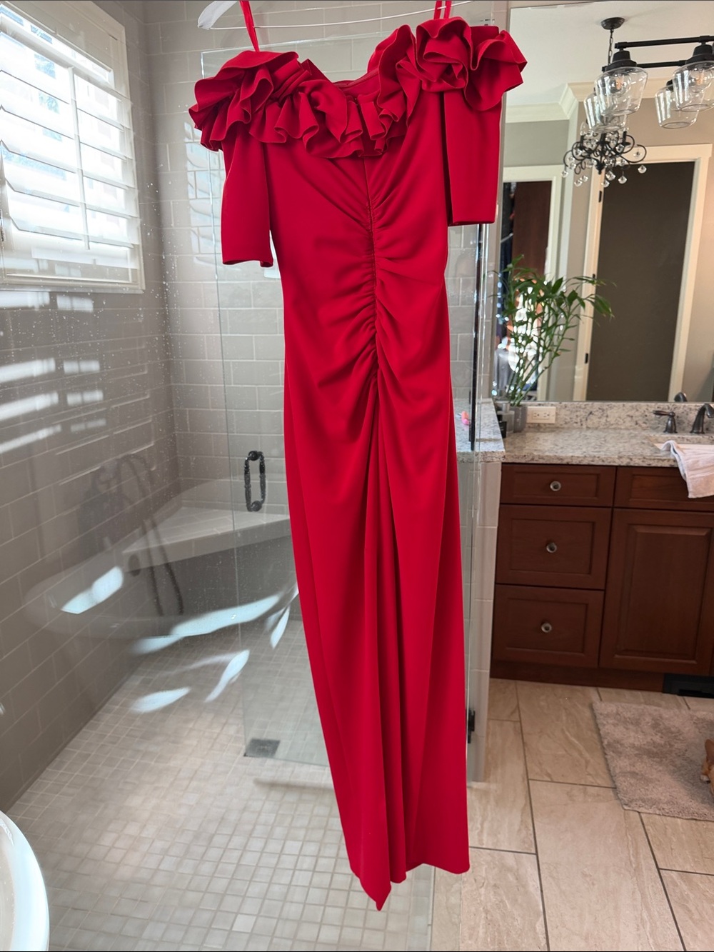 Xscape Red Ruffle Off-Shoulder Form Dress - Picture 4 of 5